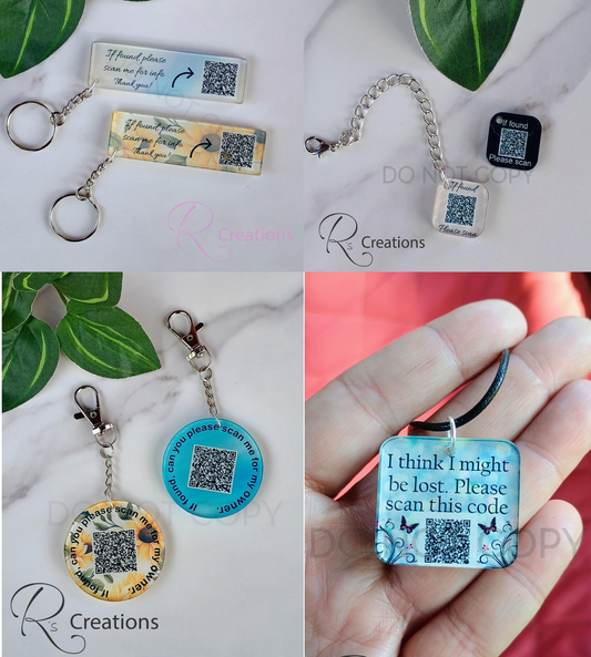 QR code emergency, lost and found, medical, tags, Custom QR codes, sunflowers, charms,