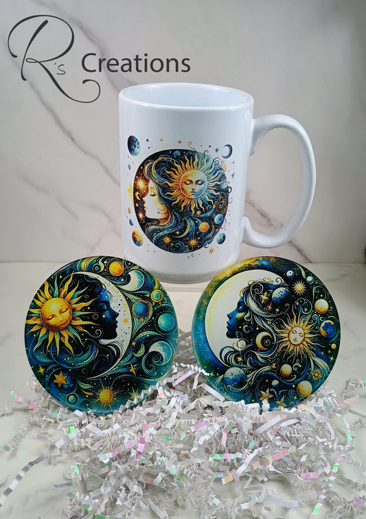 Mystical, magical crescent moon 15oz coffee mug and coaster set