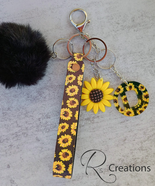 Customized PU leather lanyard, keychains, charms, pompoms, sunflowers