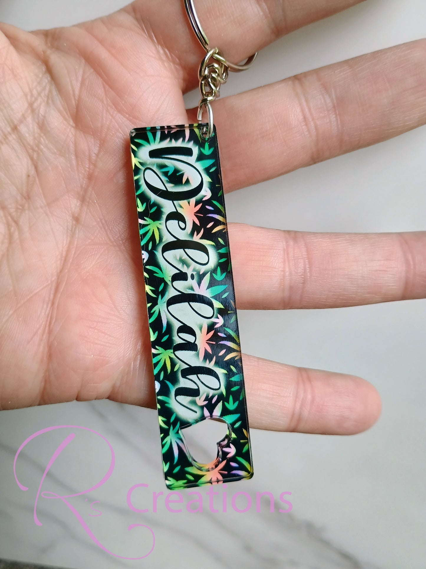 Personalized acrylic keychains.
