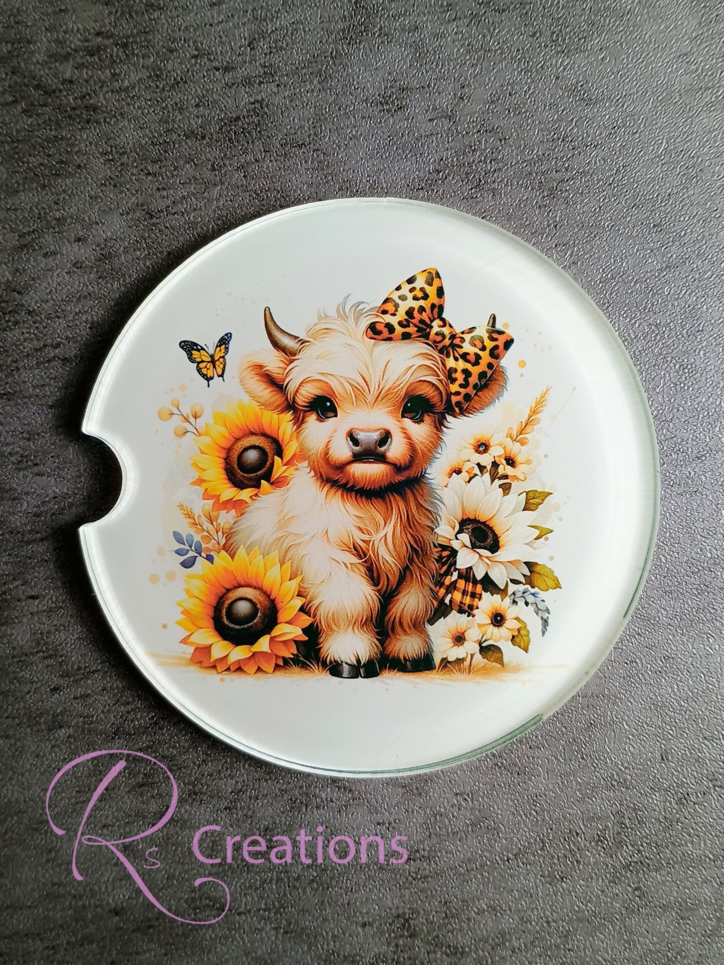 Highland cow clear acrylic coaster set, sunflowers, farm life