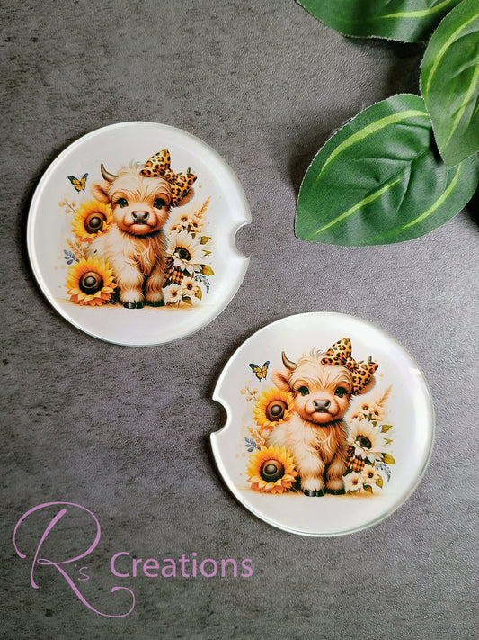 Highland cow clear acrylic coaster set, sunflowers, farm life