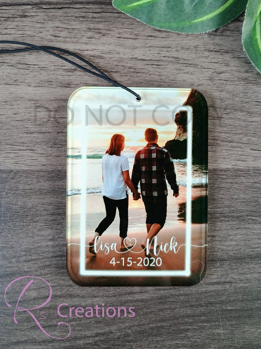 Customized rear view mirror acrylic hanger.