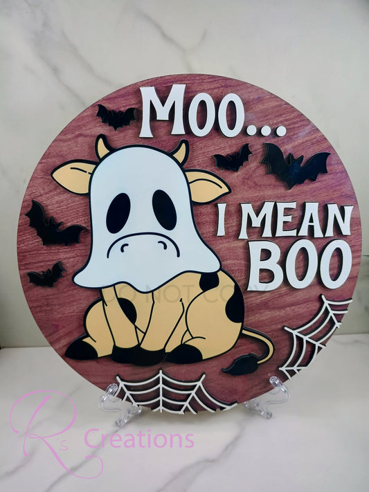 Halloween shelf sitter round. Moo Boo,Ghost, bats, spiderweb. Home decor, seasonal display