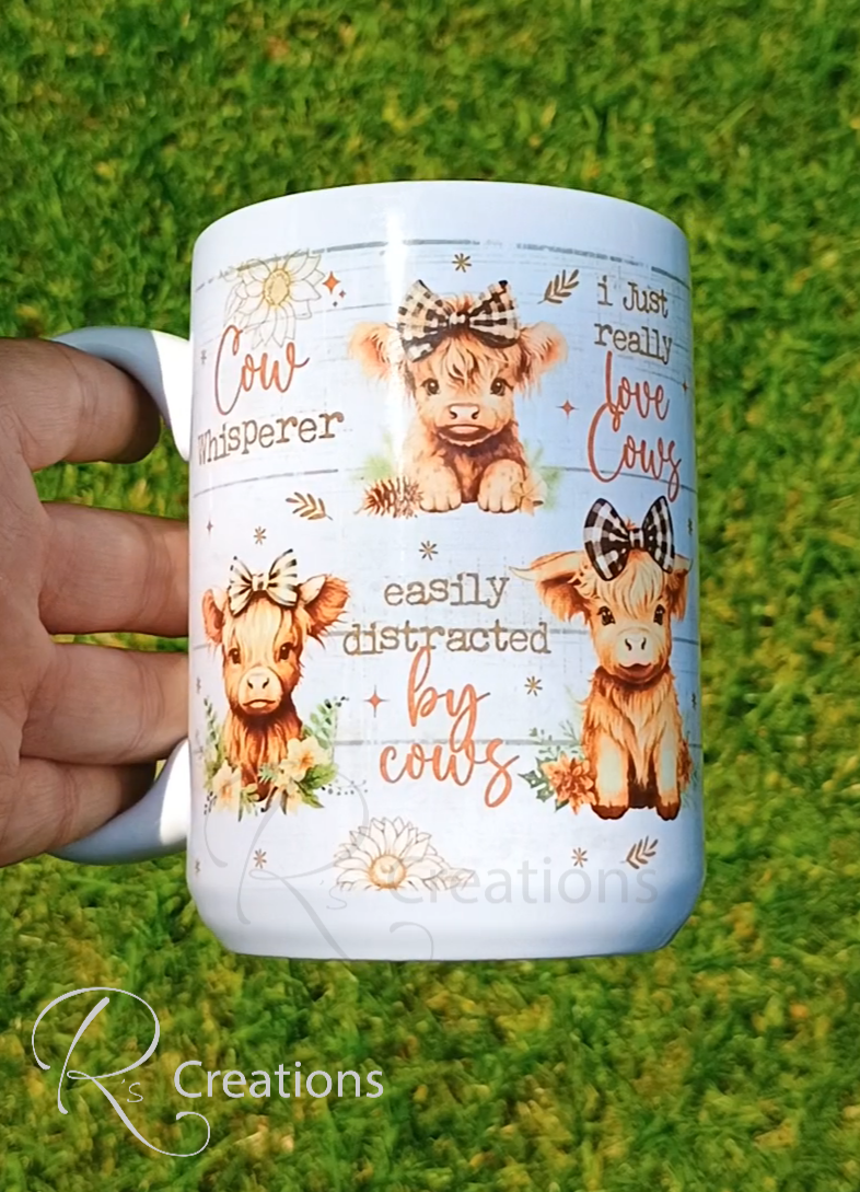 15oz Highland cow, full wrap, ceramic coffee mug. Farm life.