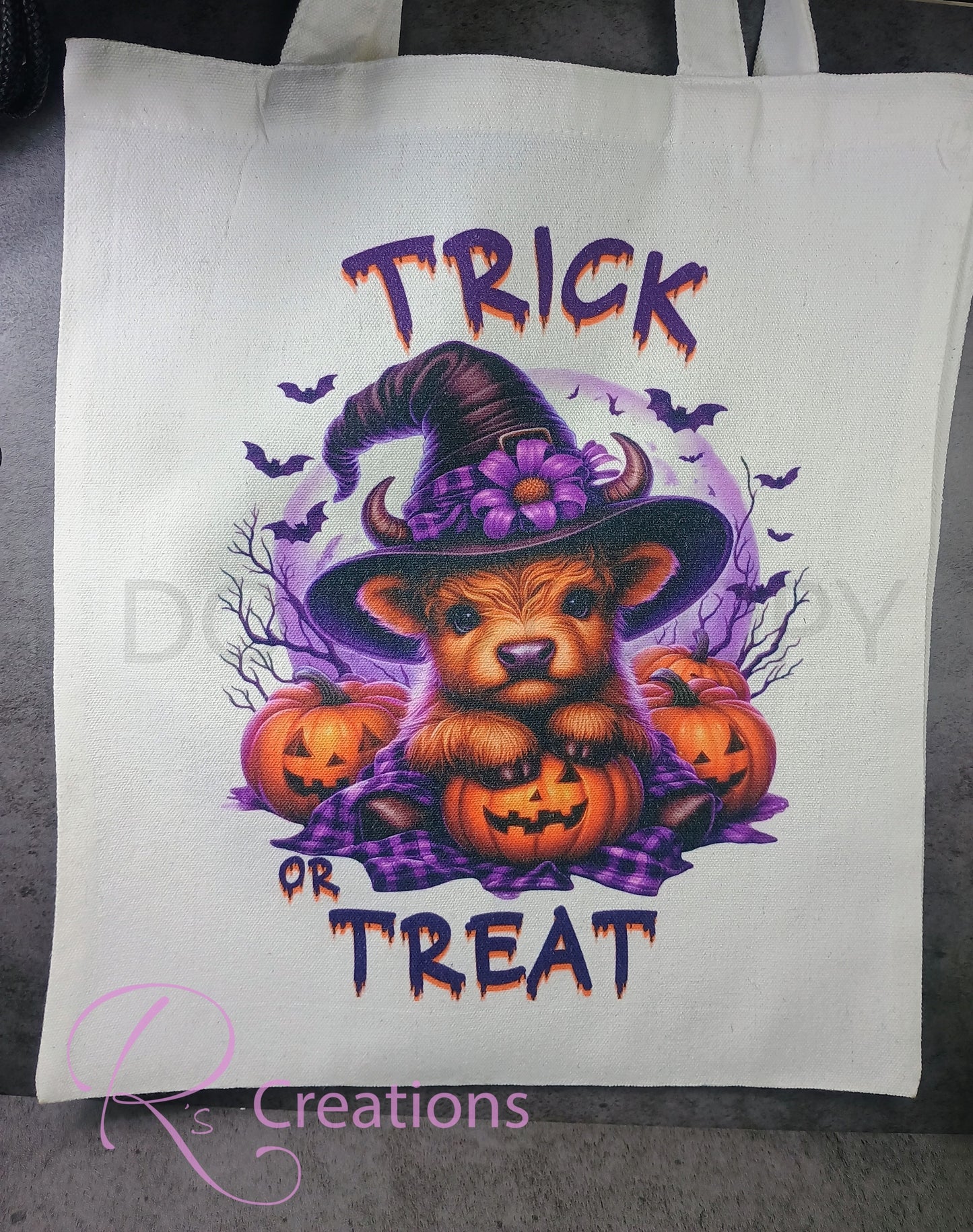Halloween highland cow tote bag / hand bag / Trick or treat. Customized option