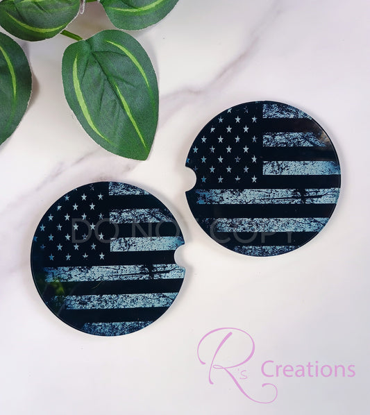 Distressed black and gray American flag acrylic car coasters