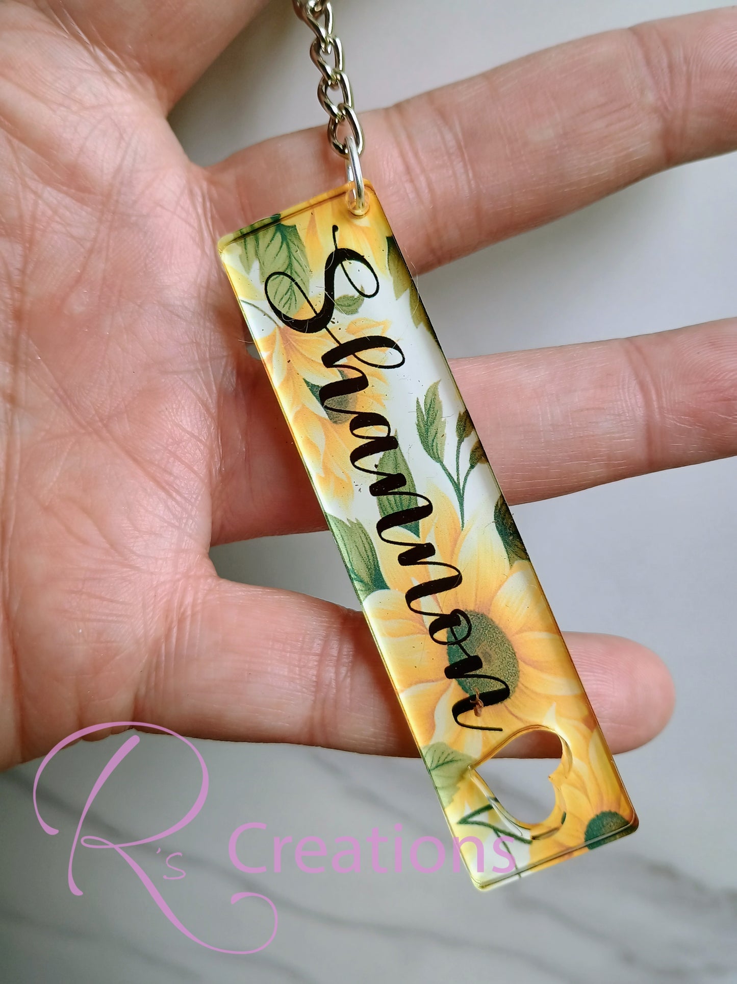 Personalized acrylic keychains.