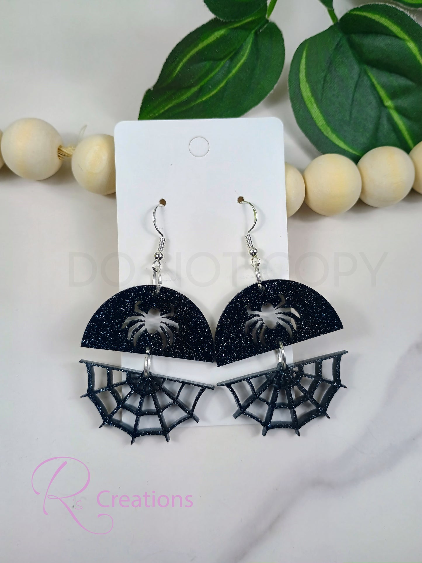 Black onyx acrylic dangle earrings. Spider and web.