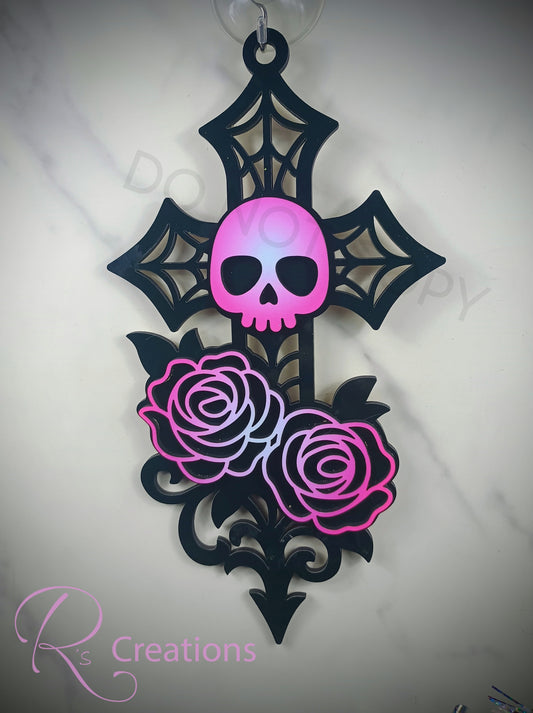 Halloween window hanger. Cross, roses, skull.