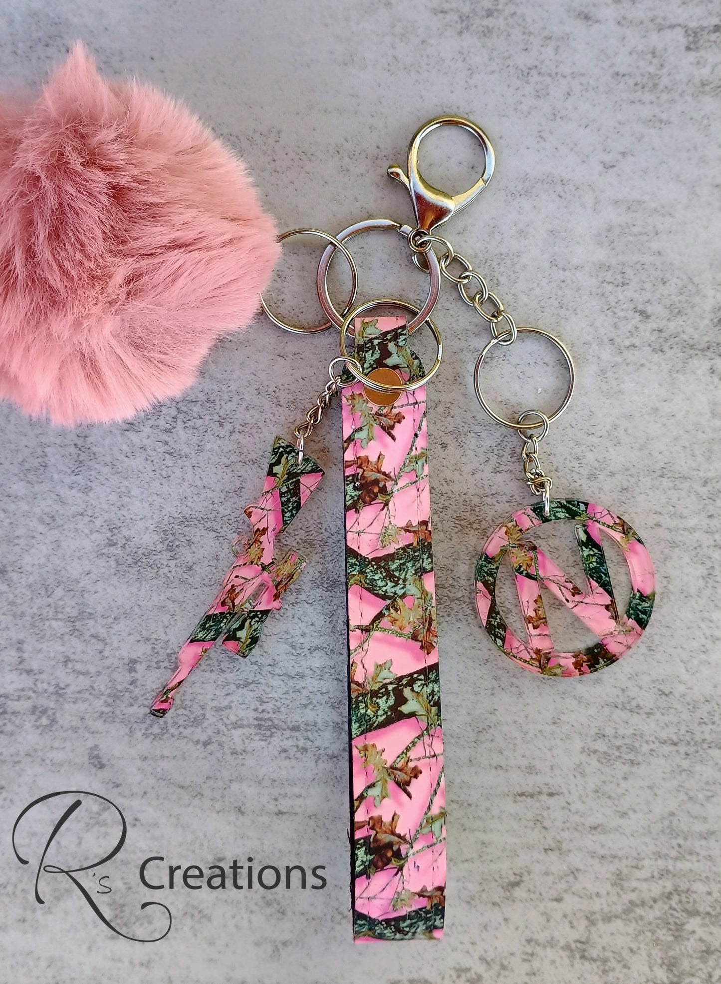 Customized PU leather lanyard, keychain, pom poms, Pink Camo, hunting