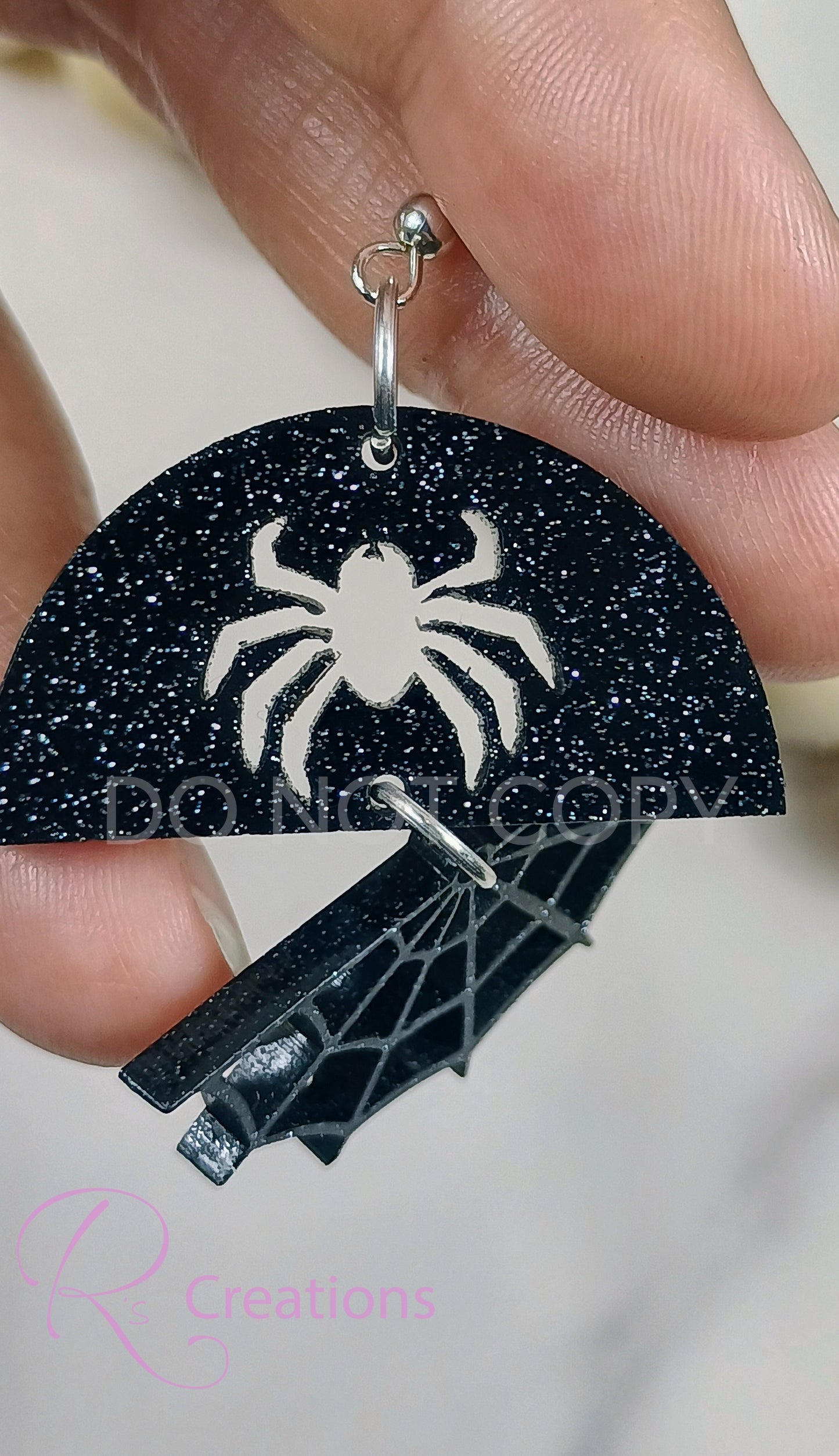 Black onyx acrylic dangle earrings. Spider and web.