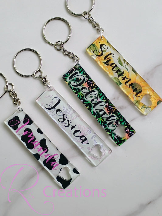 Personalized acrylic keychains.