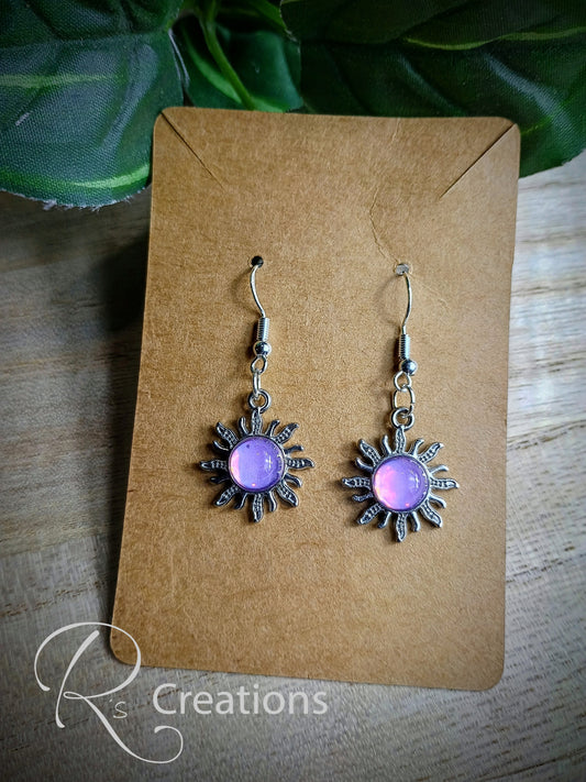 Pink and purple sun shaped earrings, dangle
