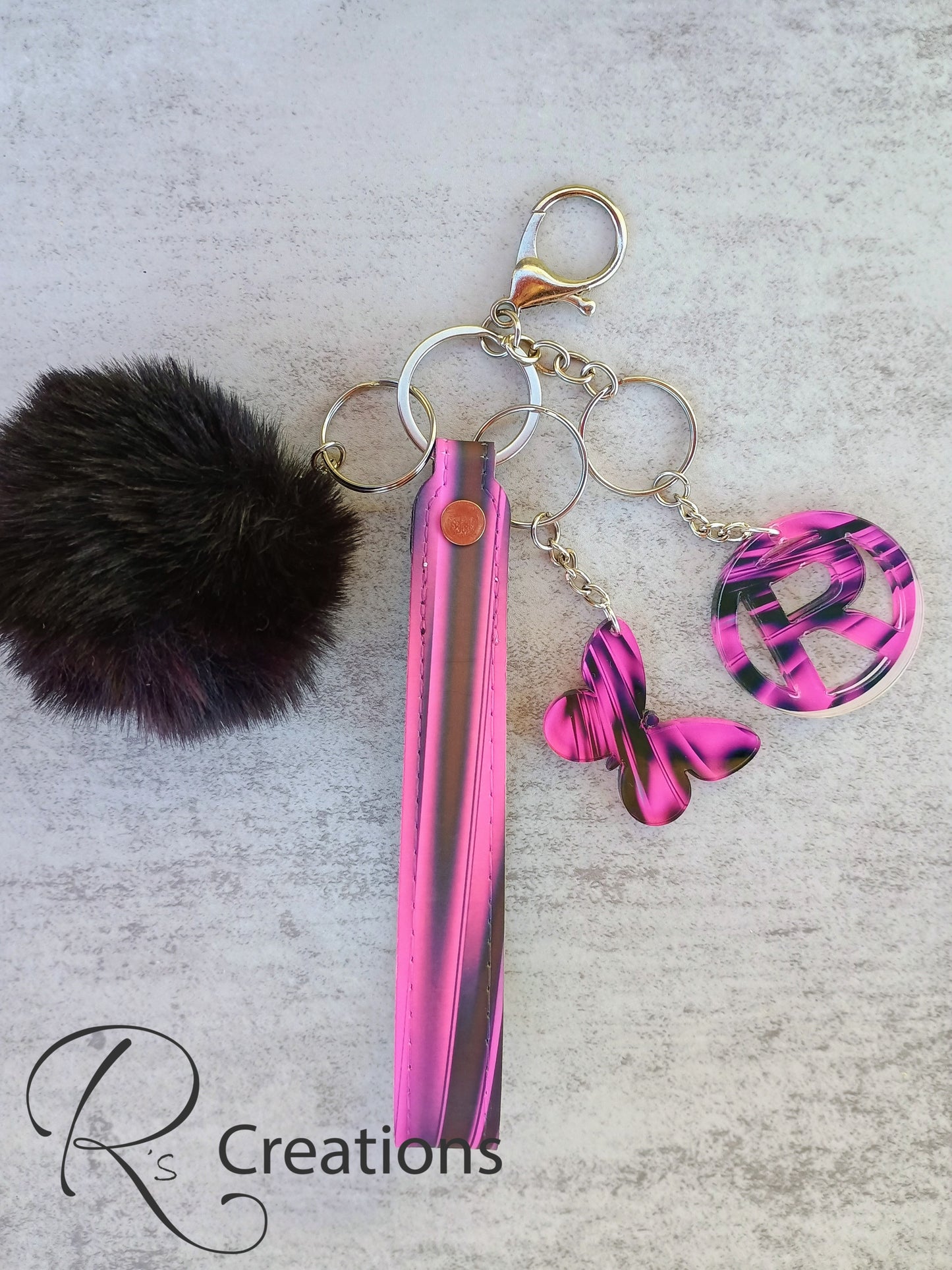 Customized PU leather lanyard, keychain, black and pink striped.