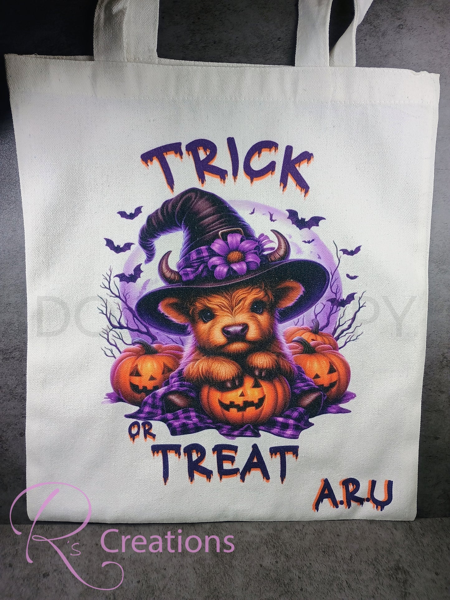 Halloween highland cow tote bag / hand bag / Trick or treat. Customized option