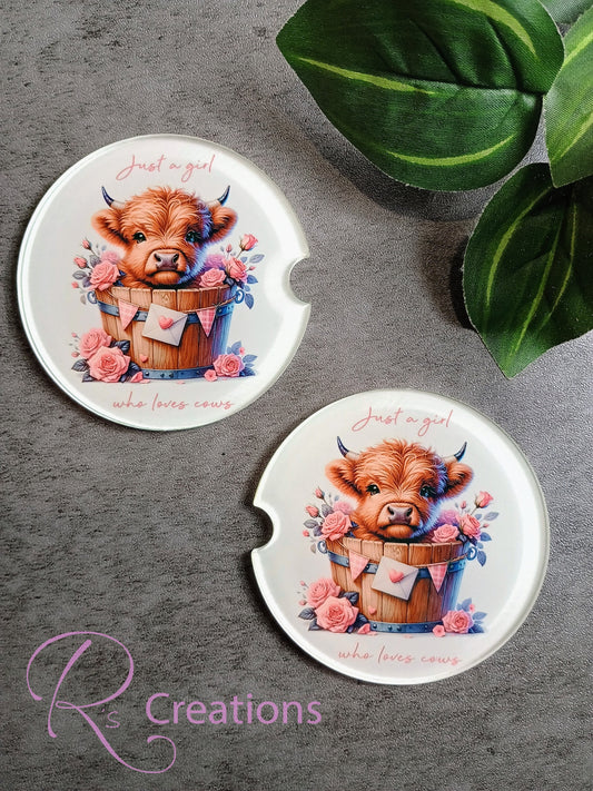 Highland cow car coaster set, acrylic, just a girl who loves cows