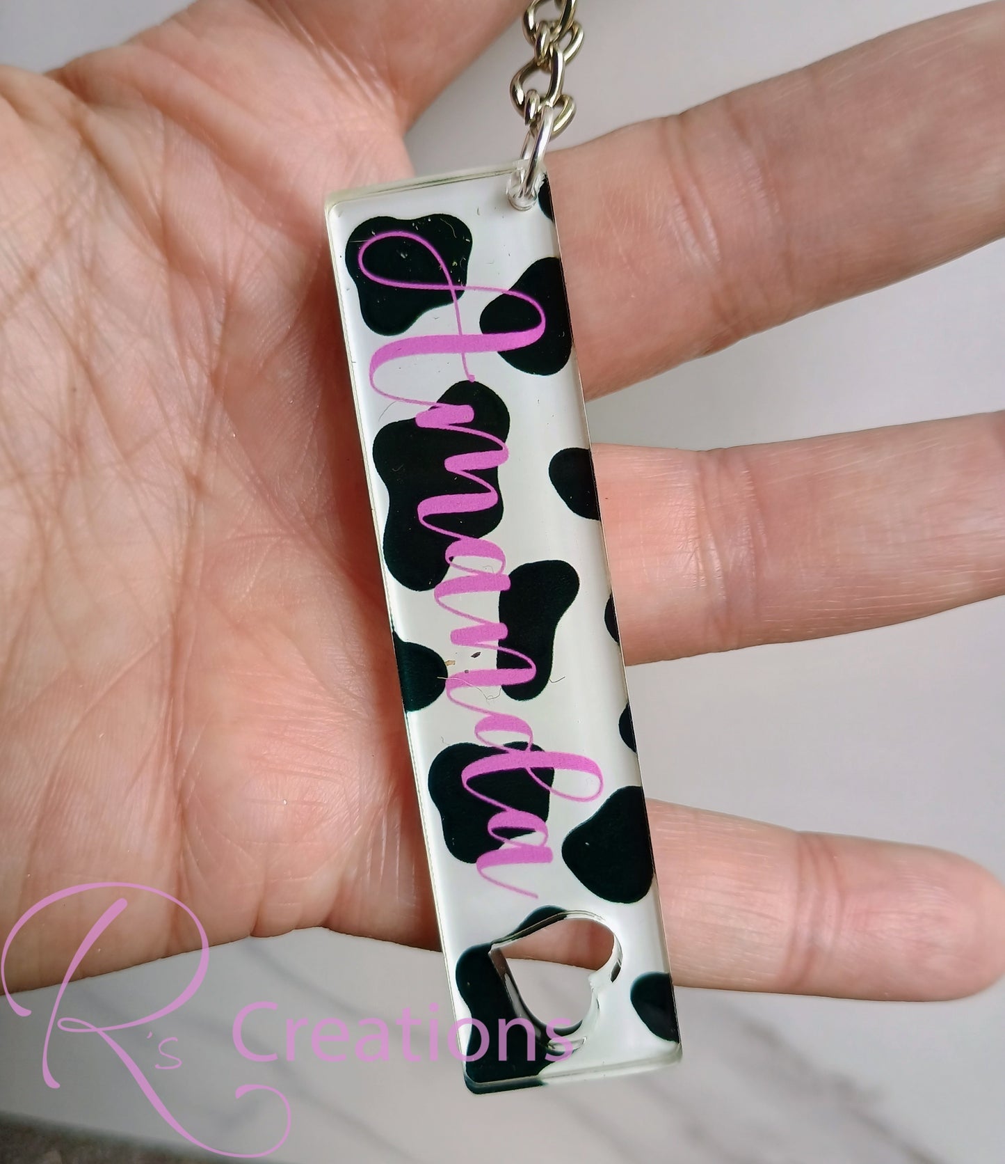 Personalized acrylic keychains.