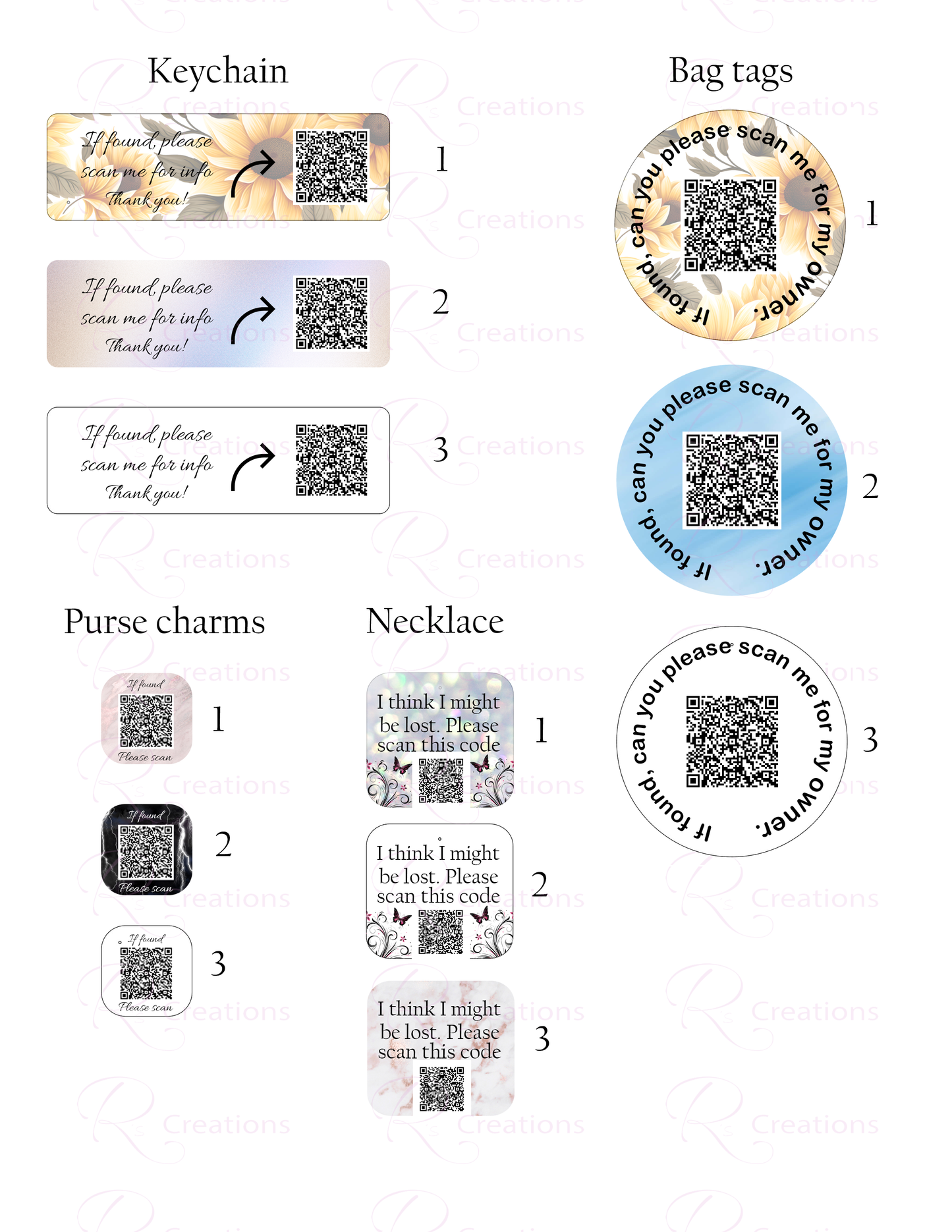 QR code emergency, lost and found, medical, tags, Custom QR codes, sunflowers, charms,