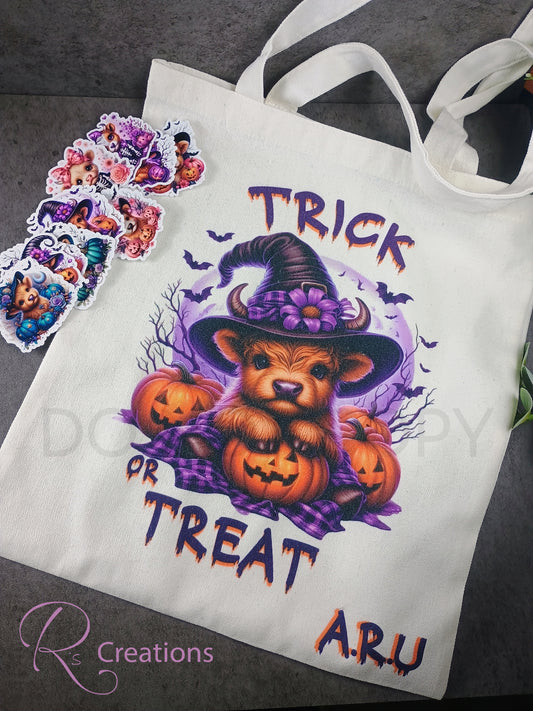 Halloween highland cow tote bag / hand bag / Trick or treat. Customized option