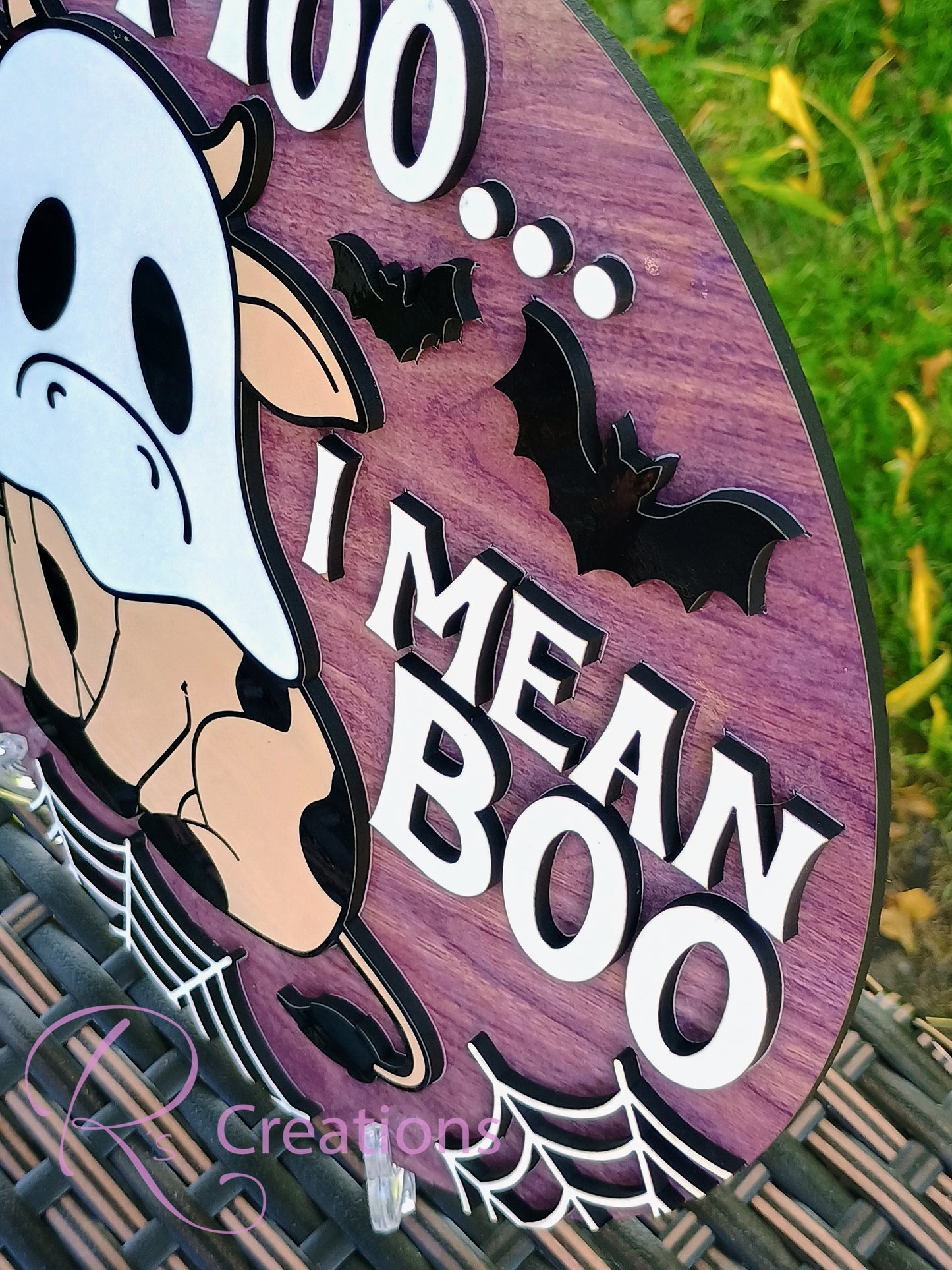 Halloween shelf sitter round. Moo Boo,Ghost, bats, spiderweb. Home decor, seasonal display
