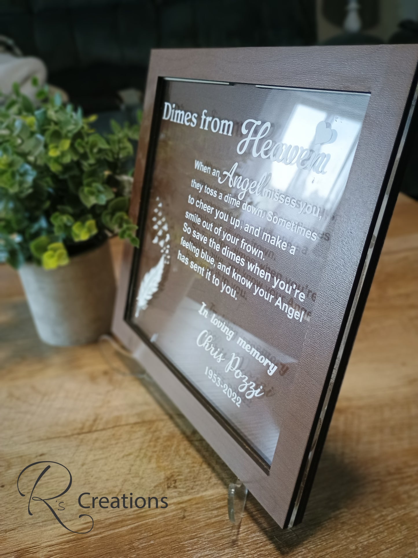 *"Dimes from heaven" keepsake, shelf sitter, bank, customized