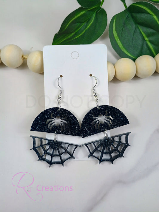 Black onyx acrylic dangle earrings. Spider and web.