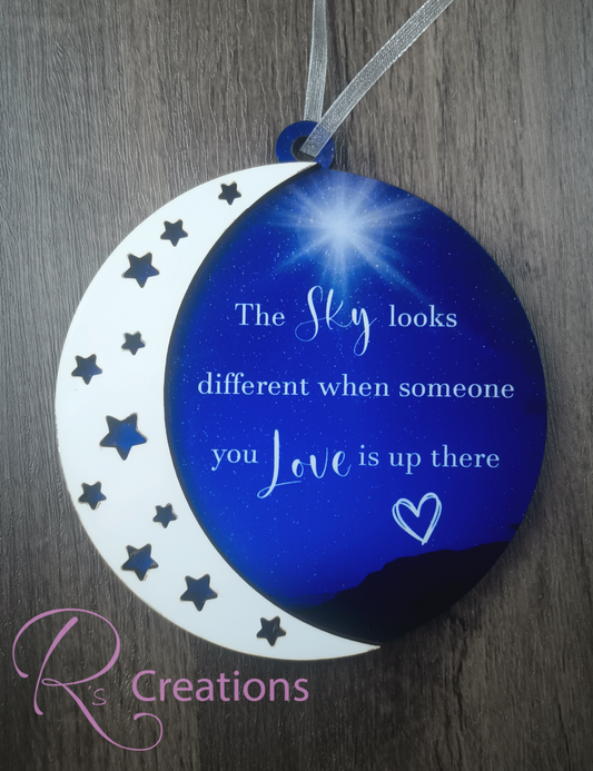 Sky looks different when someone you love is up there. Christmas ornament. Half moon. Memorial ornament