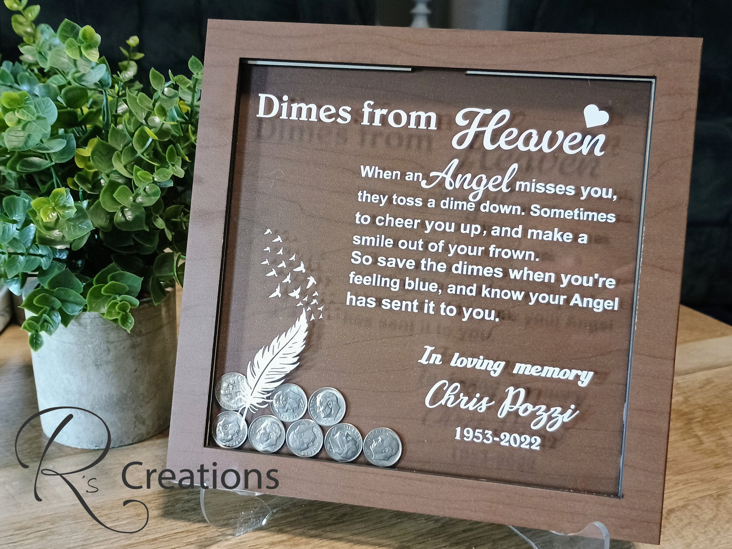 *"Dimes from heaven" keepsake, shelf sitter, bank, customized