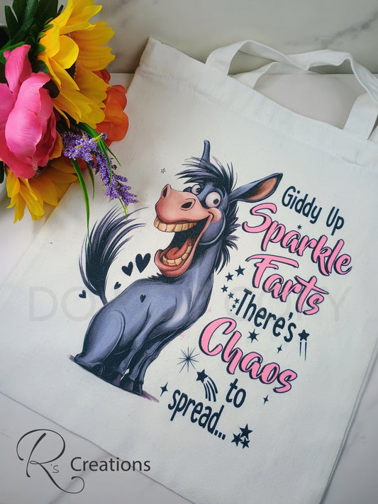 Funny canvas tote bag, "giddy up sparkle farts" humor