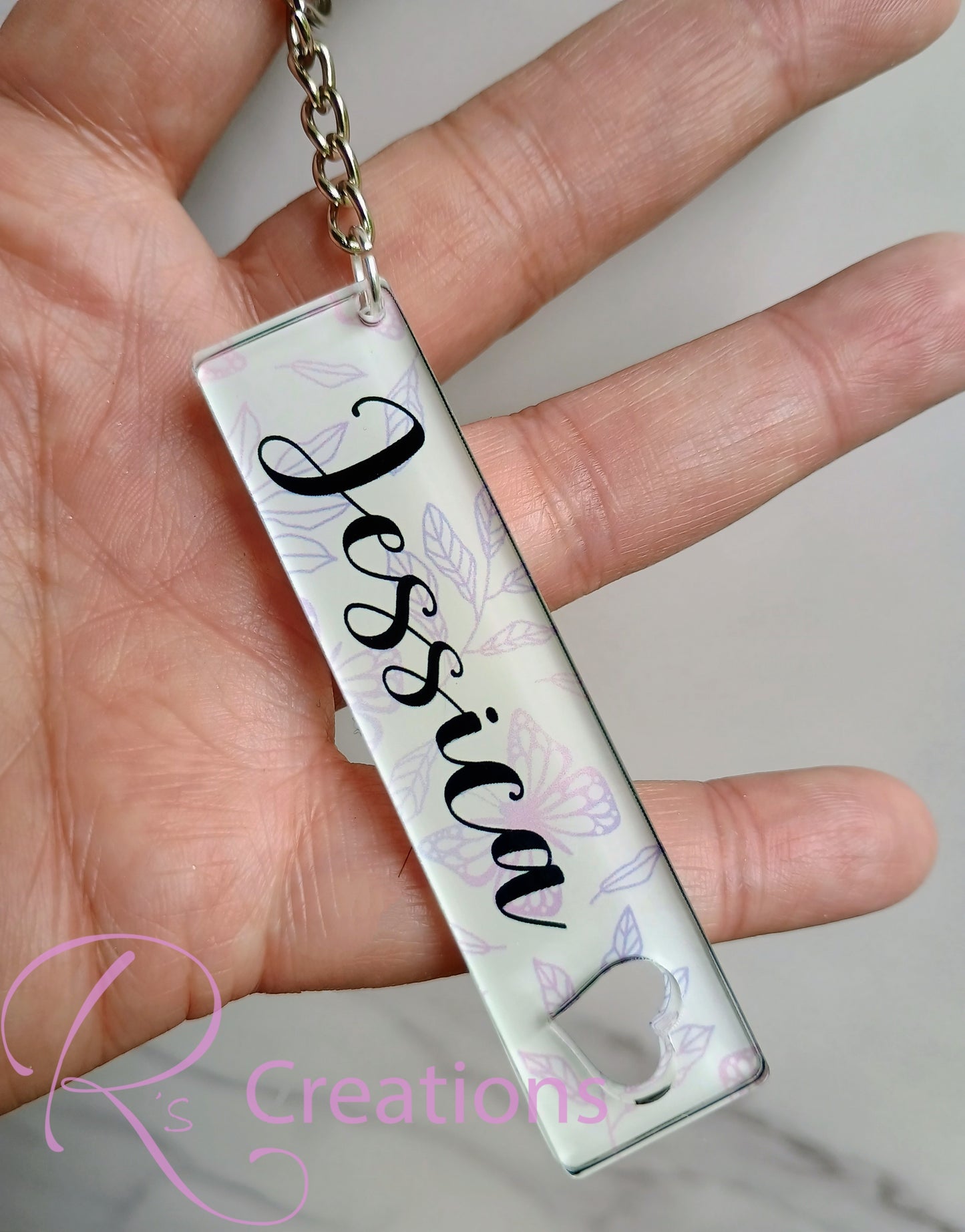 Personalized acrylic keychains.