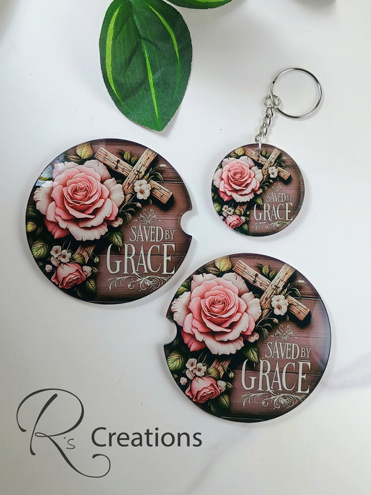 Car coaster and keychain set, Grace, religious, acrylic, car accessories bundle